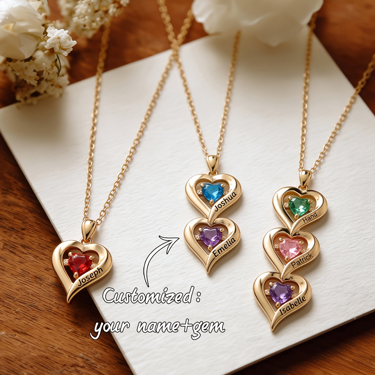 Personalized Heart-Shaped Necklace with Birthstones — Custom Gift
